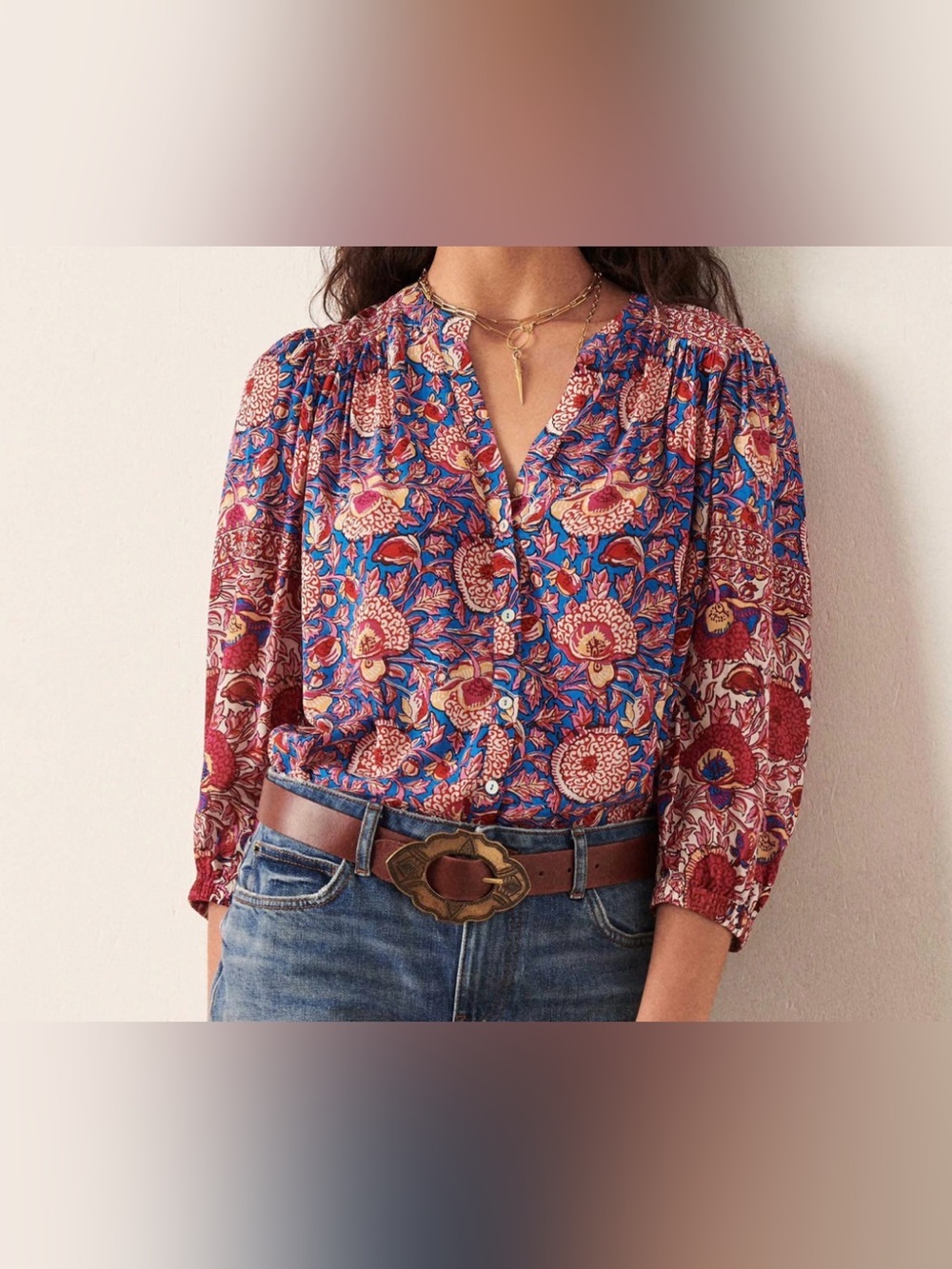 Ba&sh Vlad Floral Button Down V-Neck Balloon Sleeve Blouse Boho Peasant Sz S